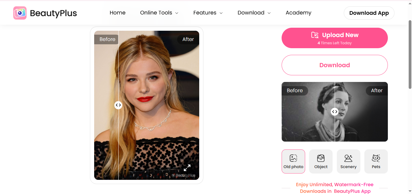 BeautyPlus - ein bekanntes Tool zum Bearbeiten geschlossener Augen in Bildern online