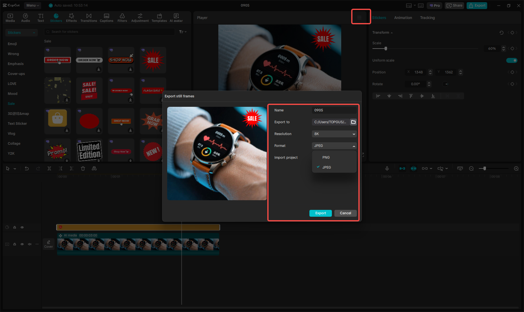 Exporting the image in CapCut