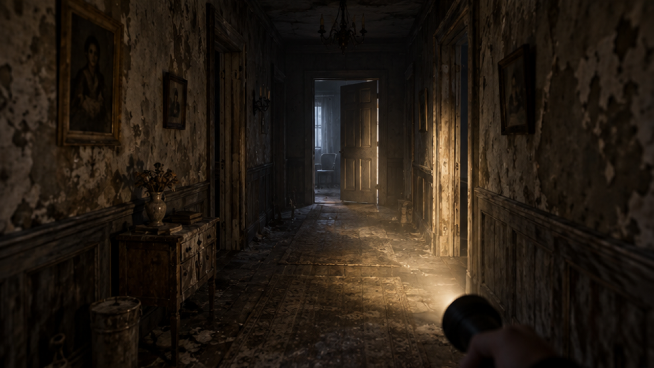 First-person view down a decaying corridor, flashlight at lower edge, light beam on worn floorboards and distant half-open door, dust in air
