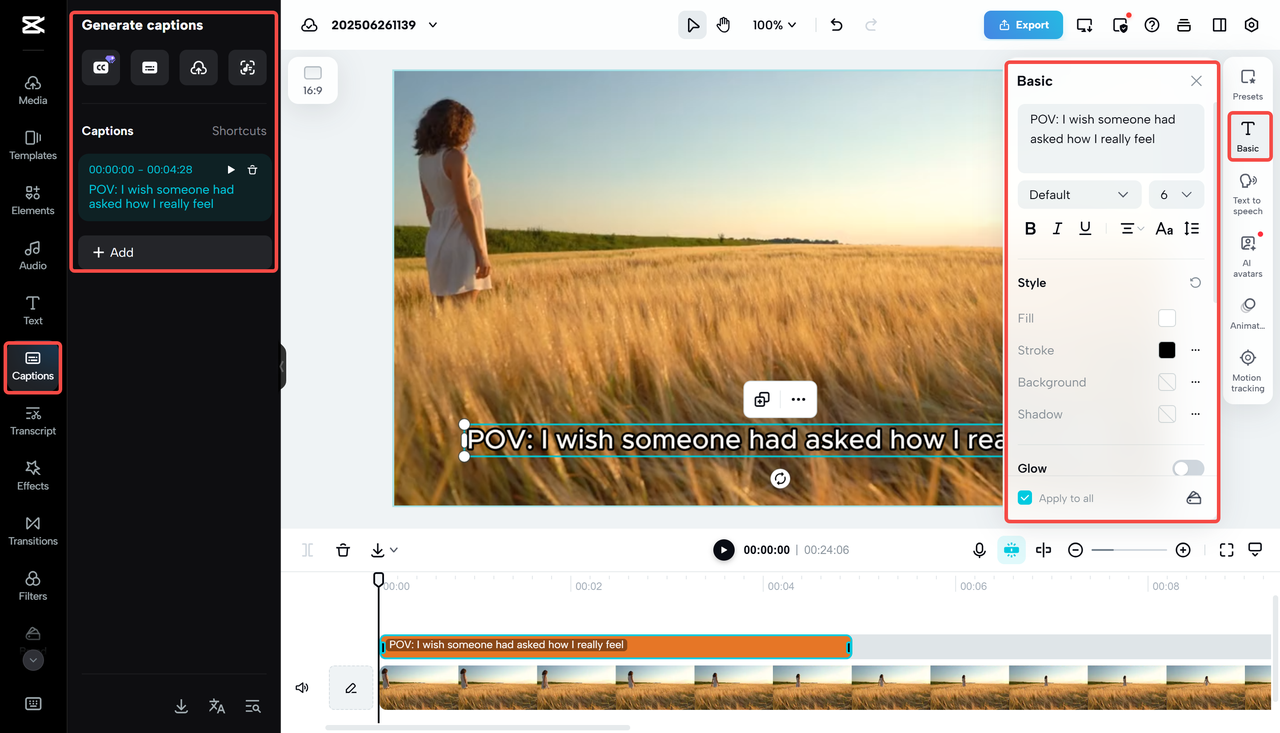 Adding captions to a video with CapCut Web
