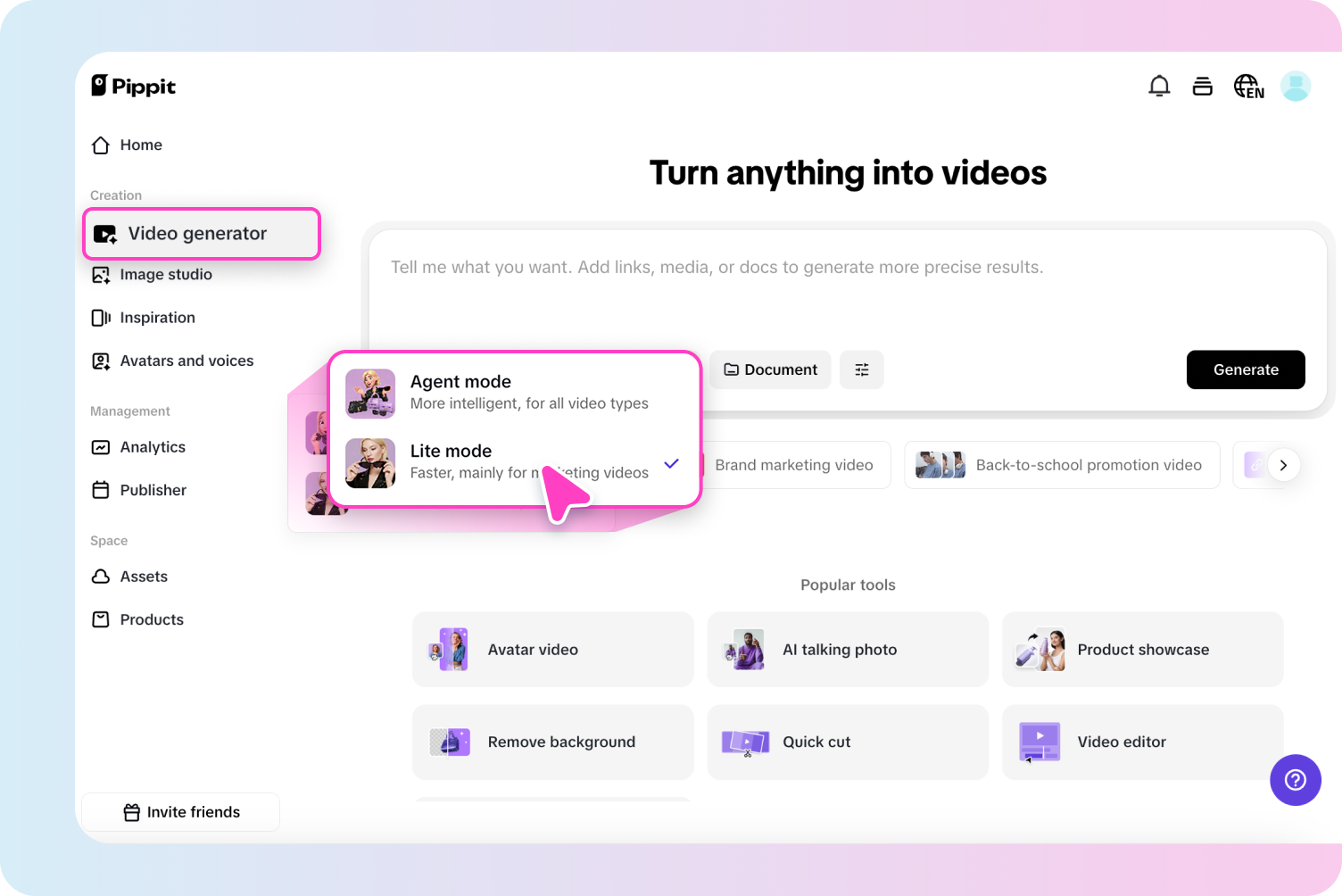 필요에 따라 동영상을 생성하세요.