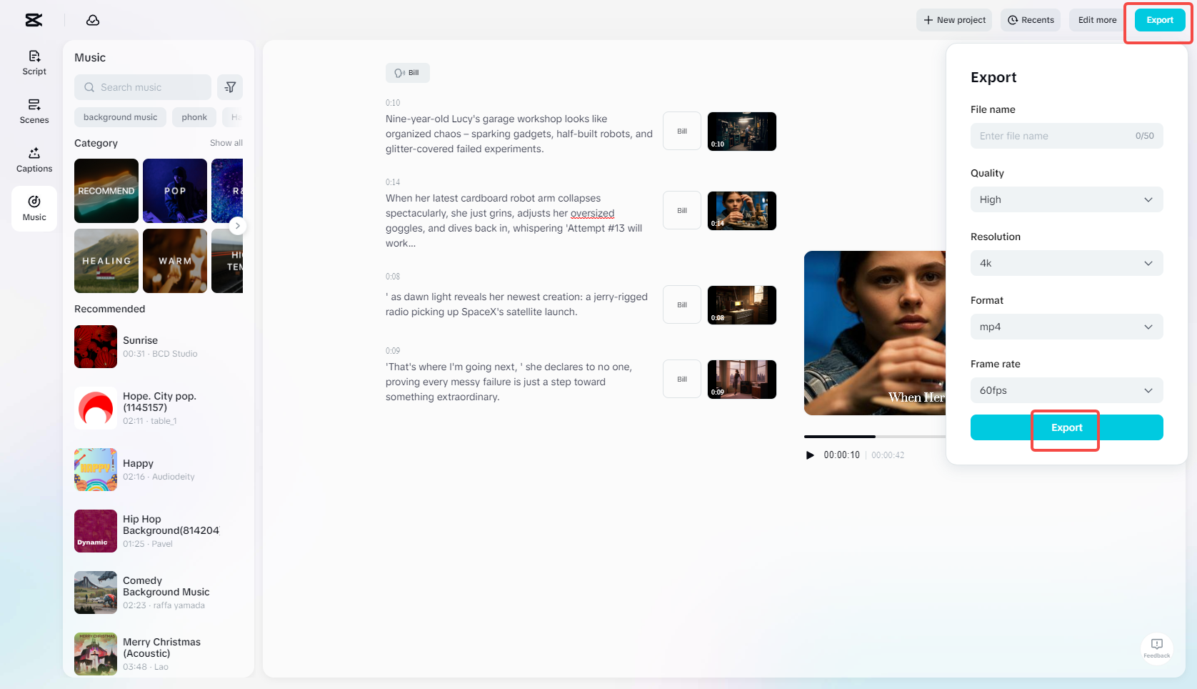 Ekspor video yang dihasilkan