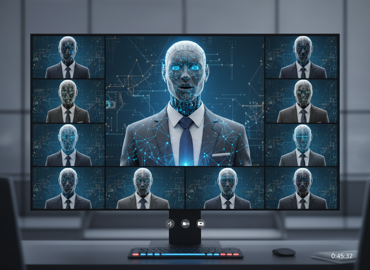 AI avatar in business attire speaking during a video conference grid with subtle branded background elements, formal corporate style.
