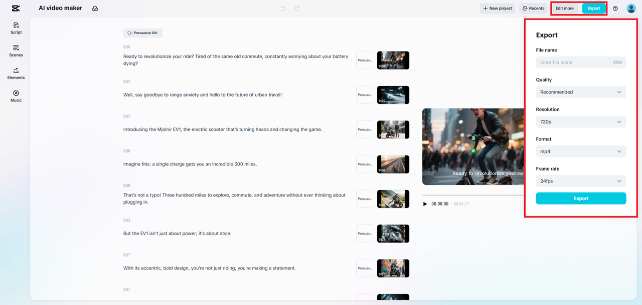 AI destekli reklam videonuzu dışa aktarın