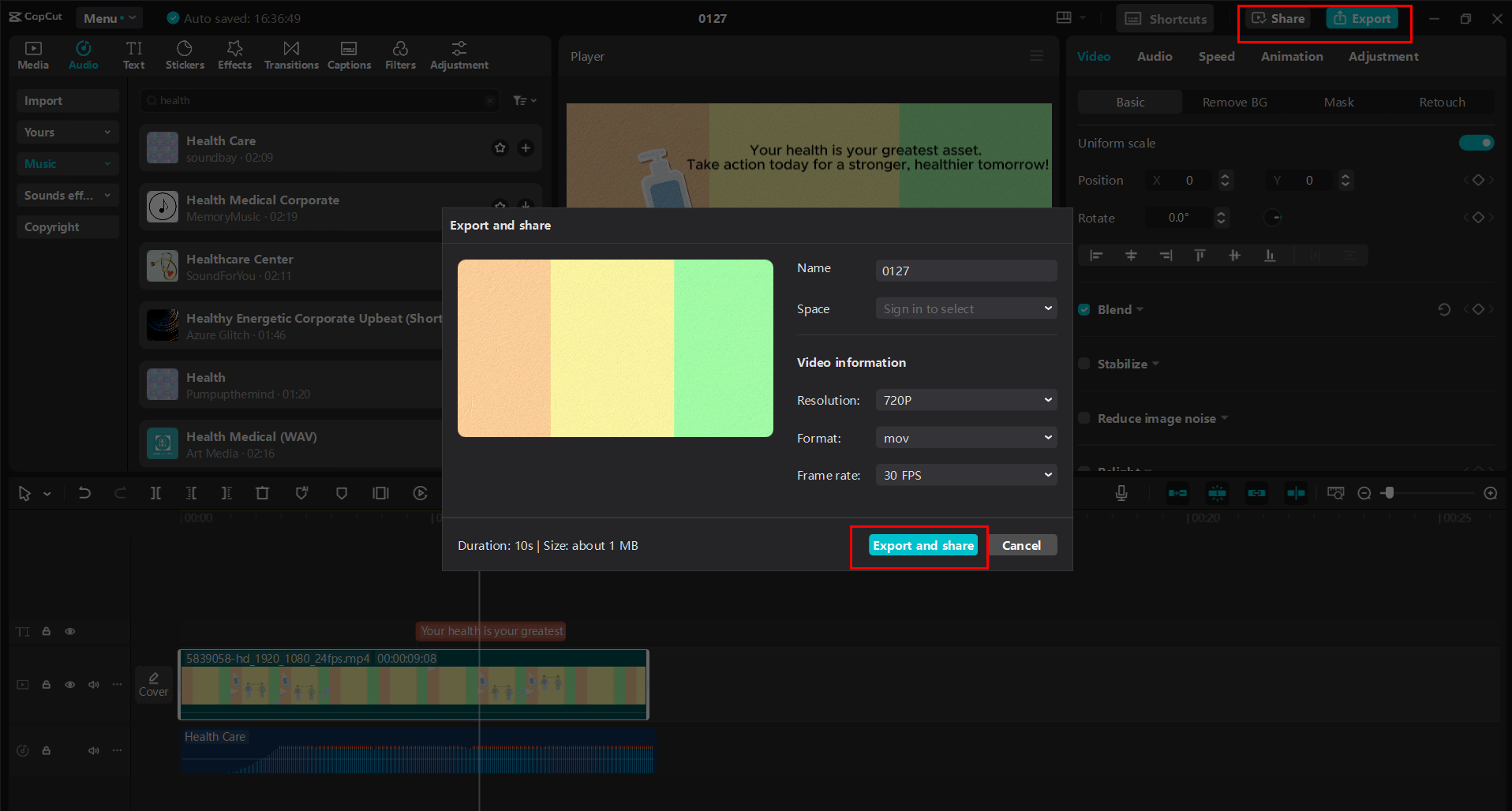 Exporting or sharing the video from the CapCut desktop video editor