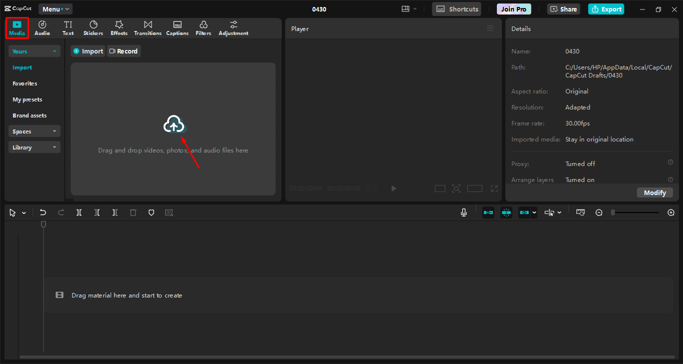 Importing the video into the CapCut desktop video editor