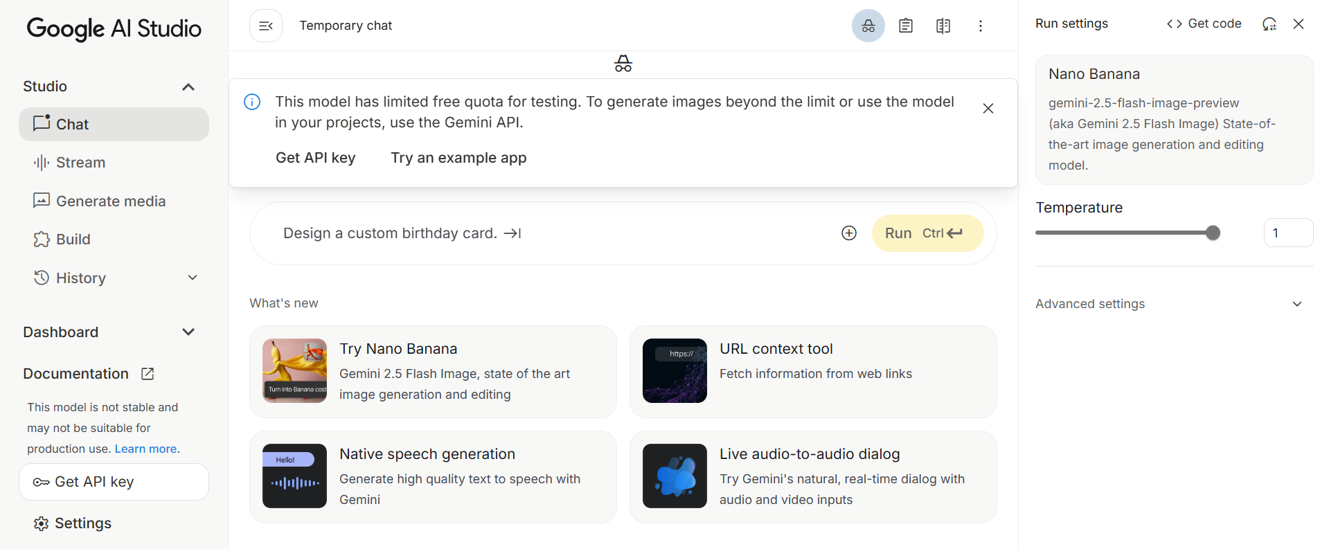 Google AI Studio's startpagina