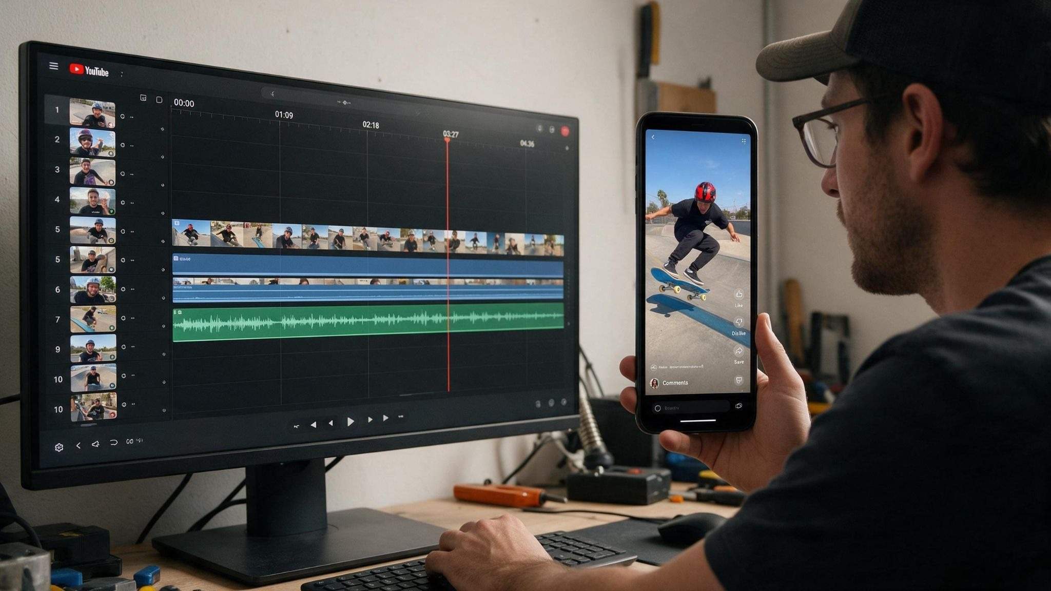 Uzun bir YouTube video zaman çizelgesini bitmiş bir dikey Kısa ile karşılaştıran içerik oluşturucu