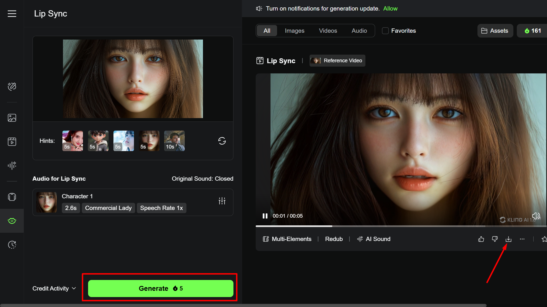 Downloading the generated video from Kling AI lip sync
