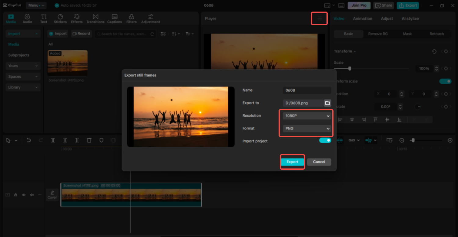 Exporting the image in CapCut