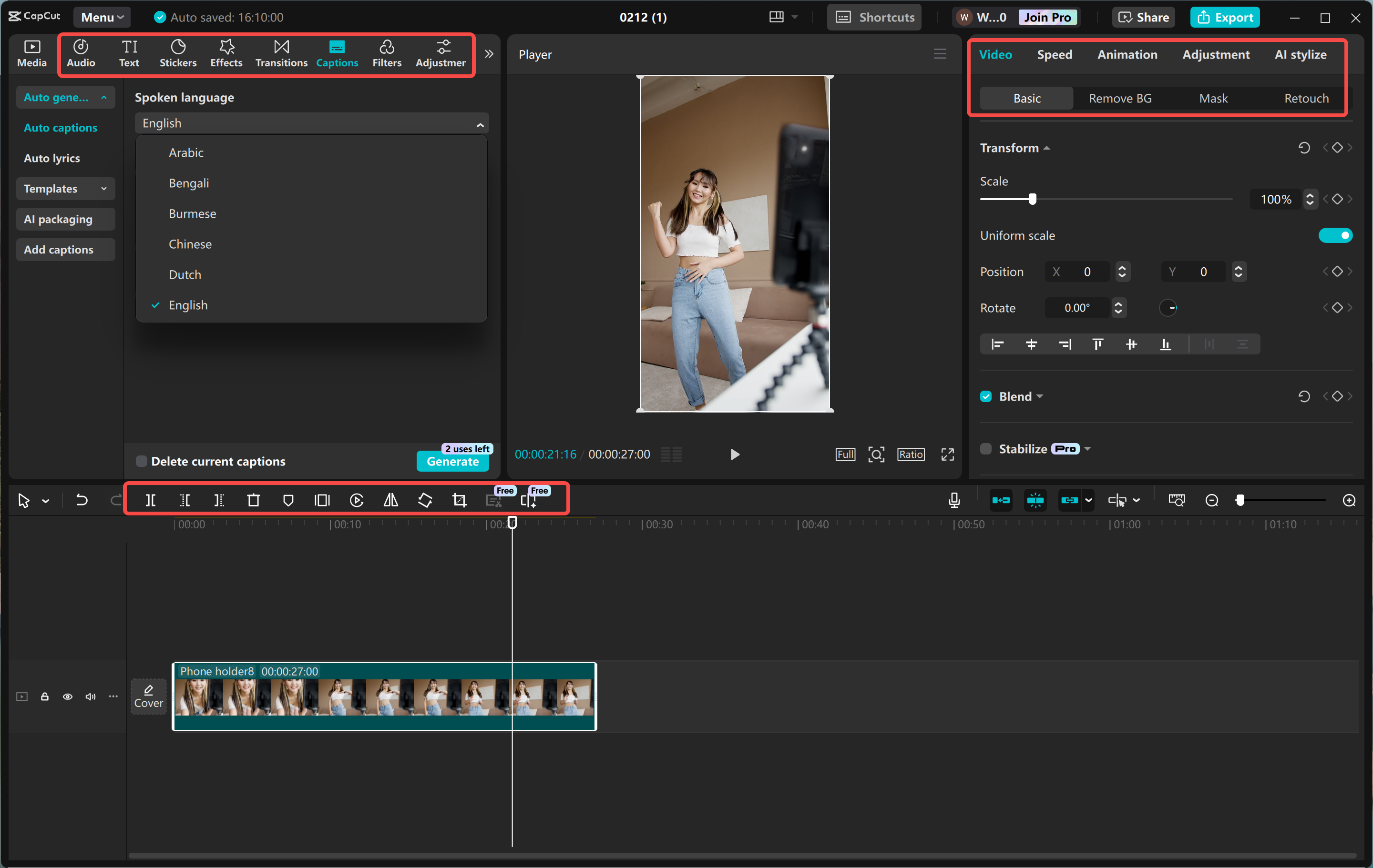 Mejorando el video promocional del canal de Telegram en el CapCut editor de video de escritorio