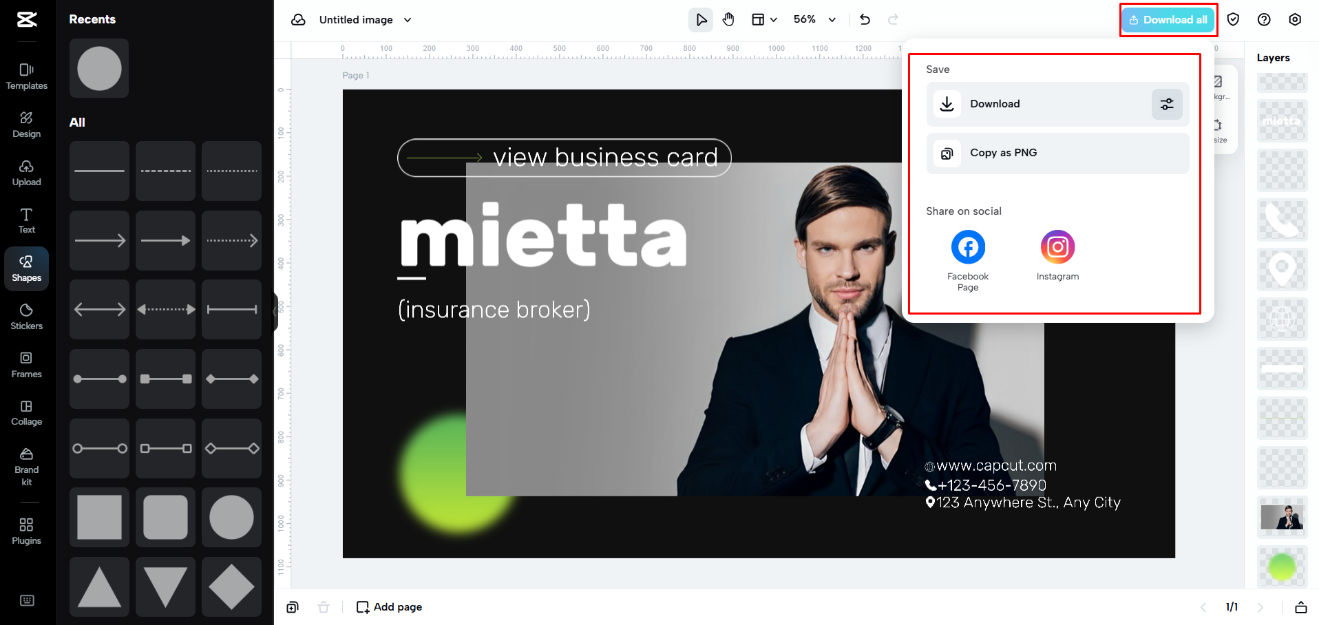 Exporting a business card from CapCut Web