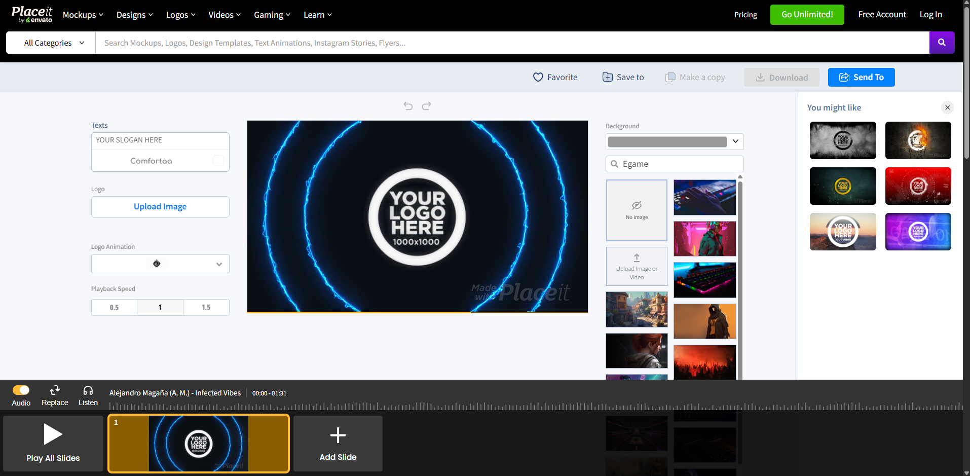 Interface of Placeit - the perfect gaming intro maker