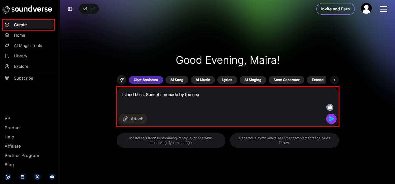 Eingabe eines Musik-Prompts in Soundverse