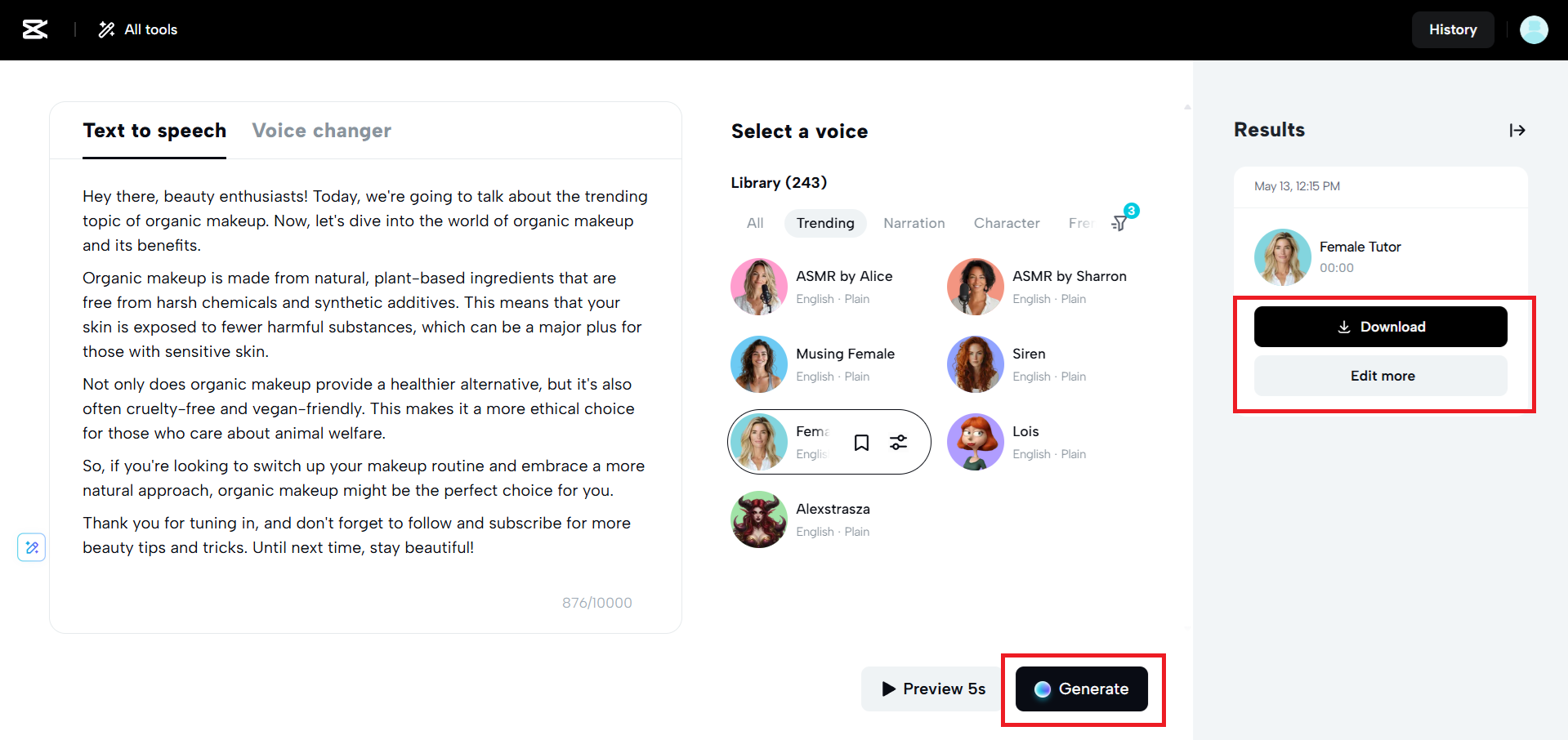 Generieren- und Herunterladen-Optionen