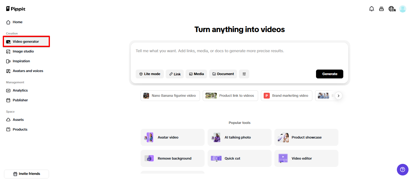 Opening video generator in Pippit