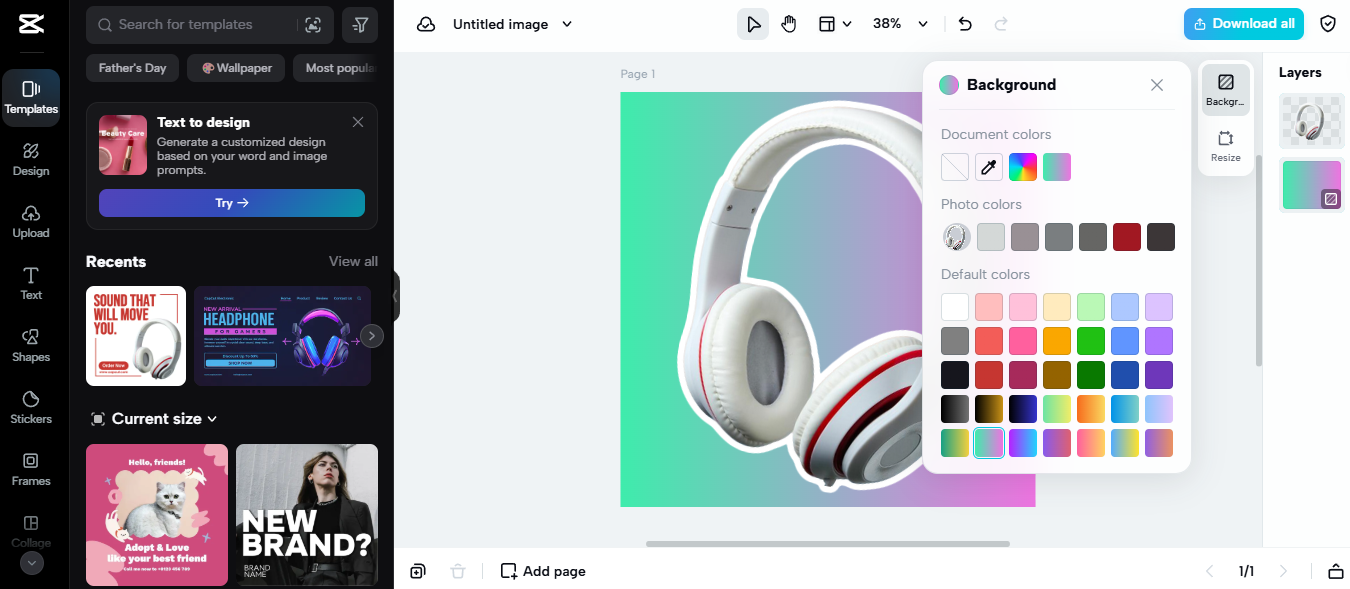 تحرير منتج سماعات رأس في CapCut لاستراتيجيات eBay المربحة بخلفية متدرجة وخيارات ألوان.