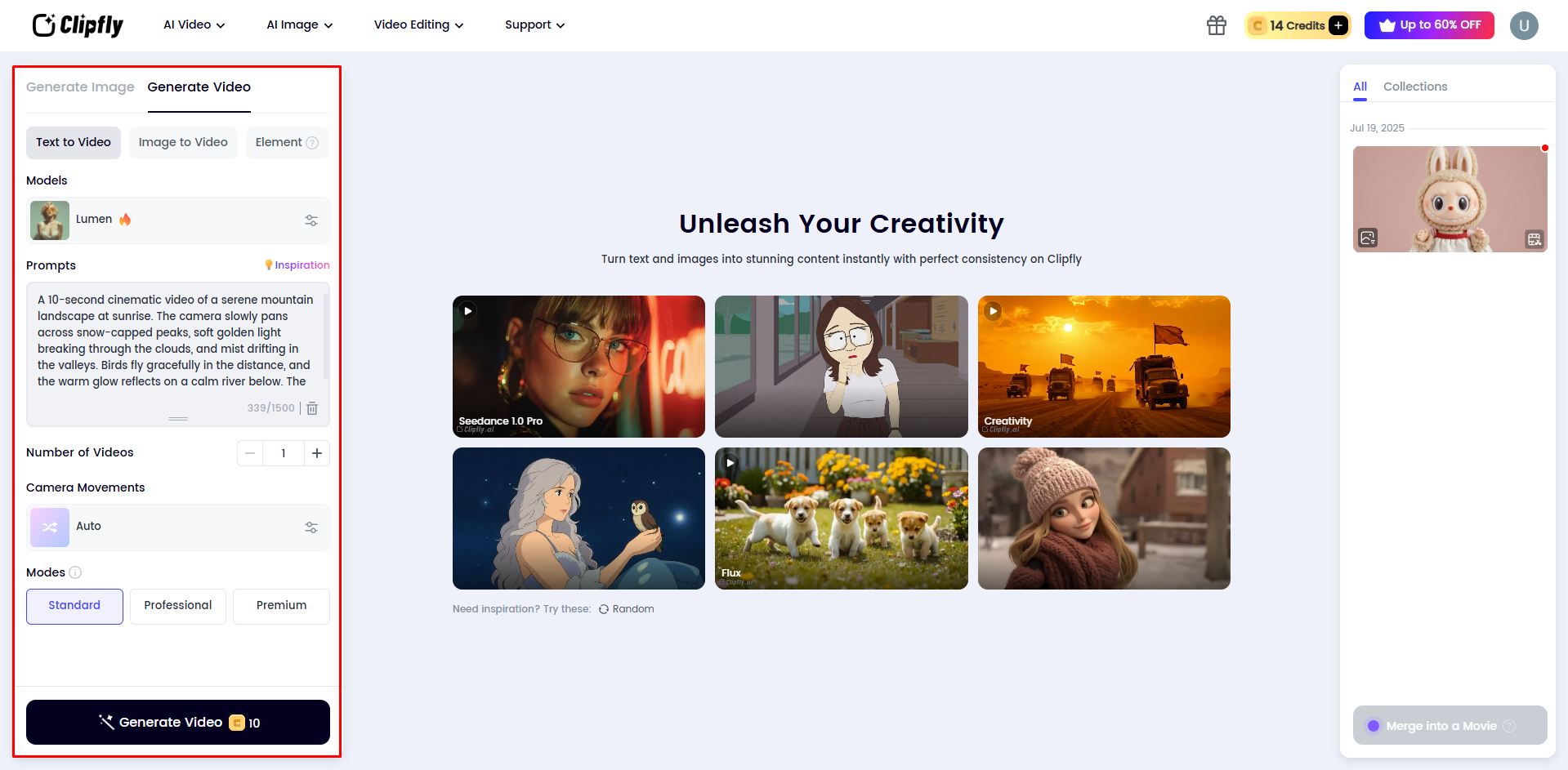 Entering a text prompt in the Clipfly AI video generator