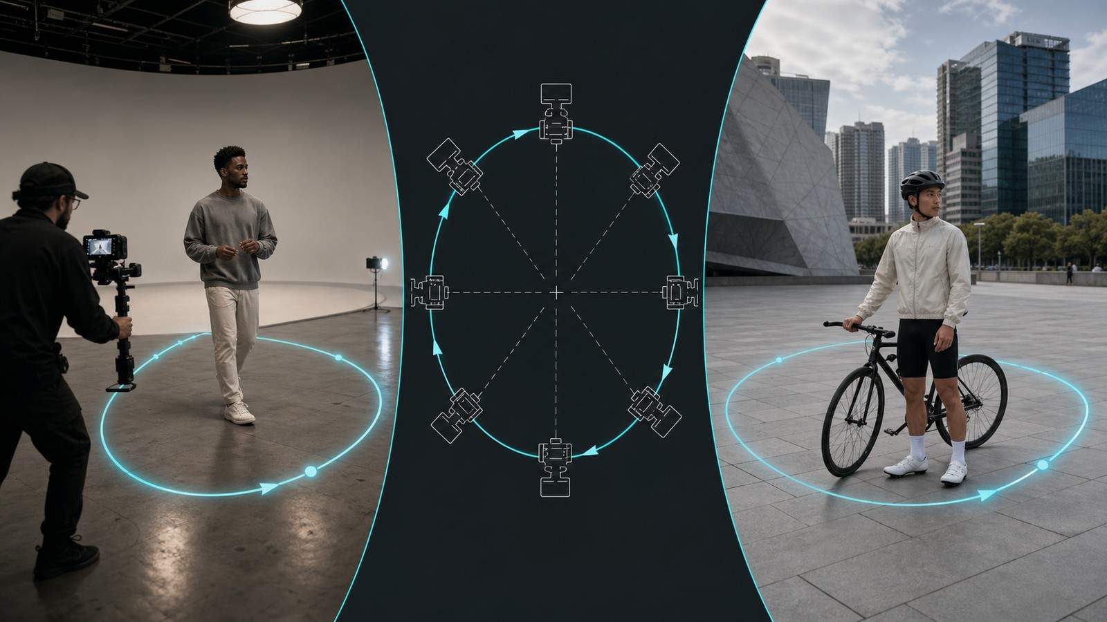 Camera crew films a man in studio and a cyclist outdoors, linked by a motion path graphic