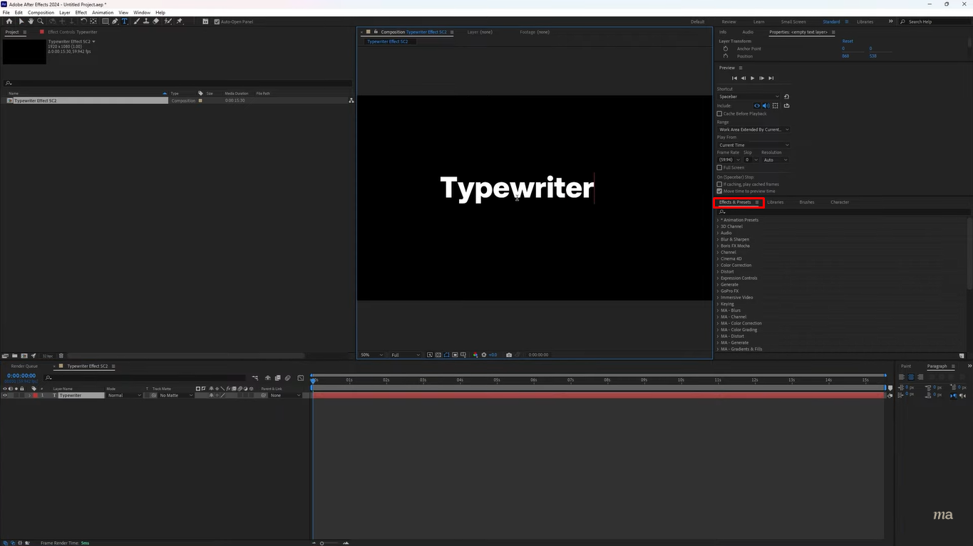 Opening effects and presets panel for text writing effects in After Effects