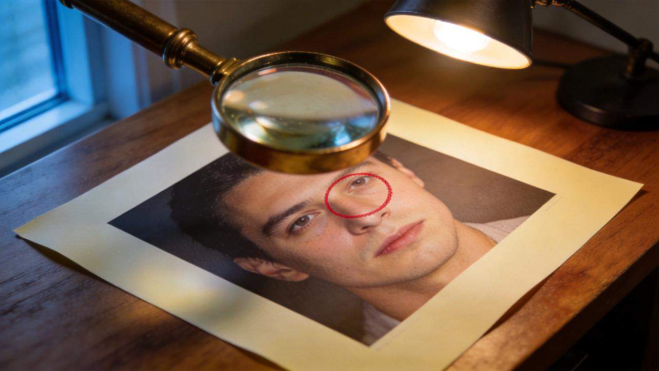 Magnifying glass over a printed portrait with a red circle highlighting one eye