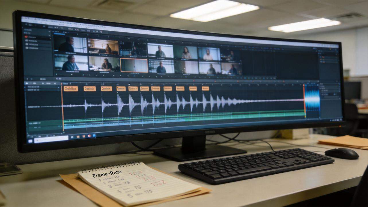 Video editing timeline with subtitle markers and audio waveform on a widescreen monitor