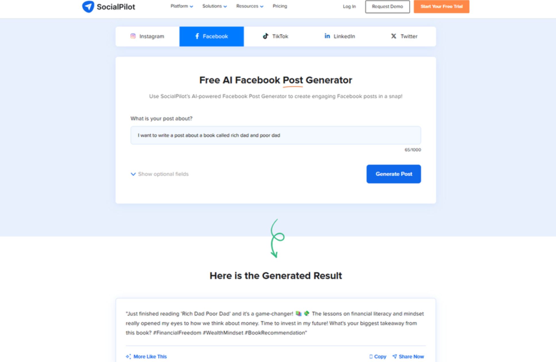 Interfejs SocialPilot - łatwy w użyciu generator postów na Facebooka oparty na sztucznej inteligencji.