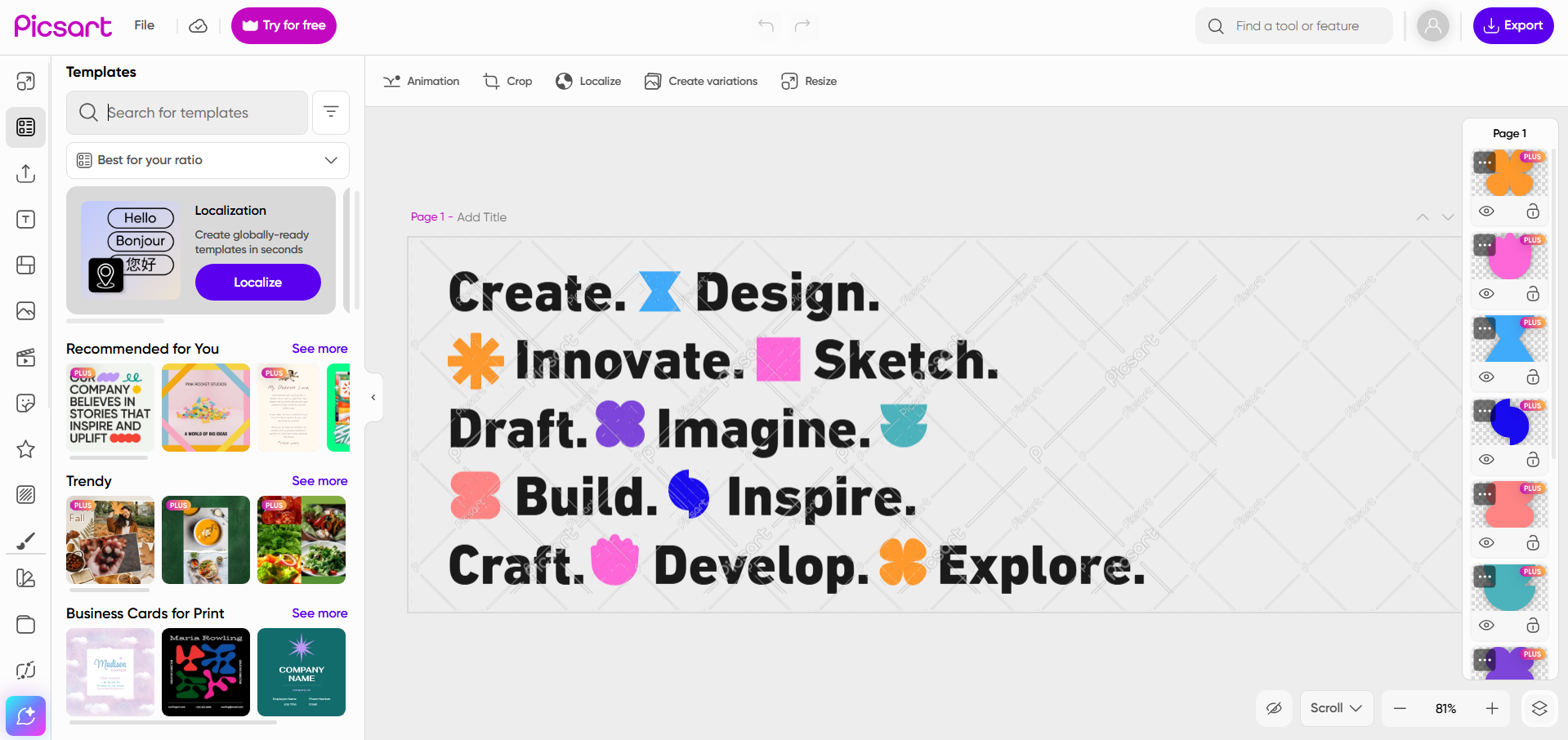 อินเทอร์เฟซของ PicsArt