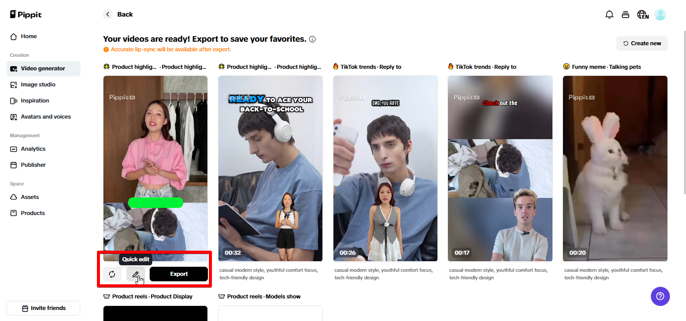 Exporting video from Pippit