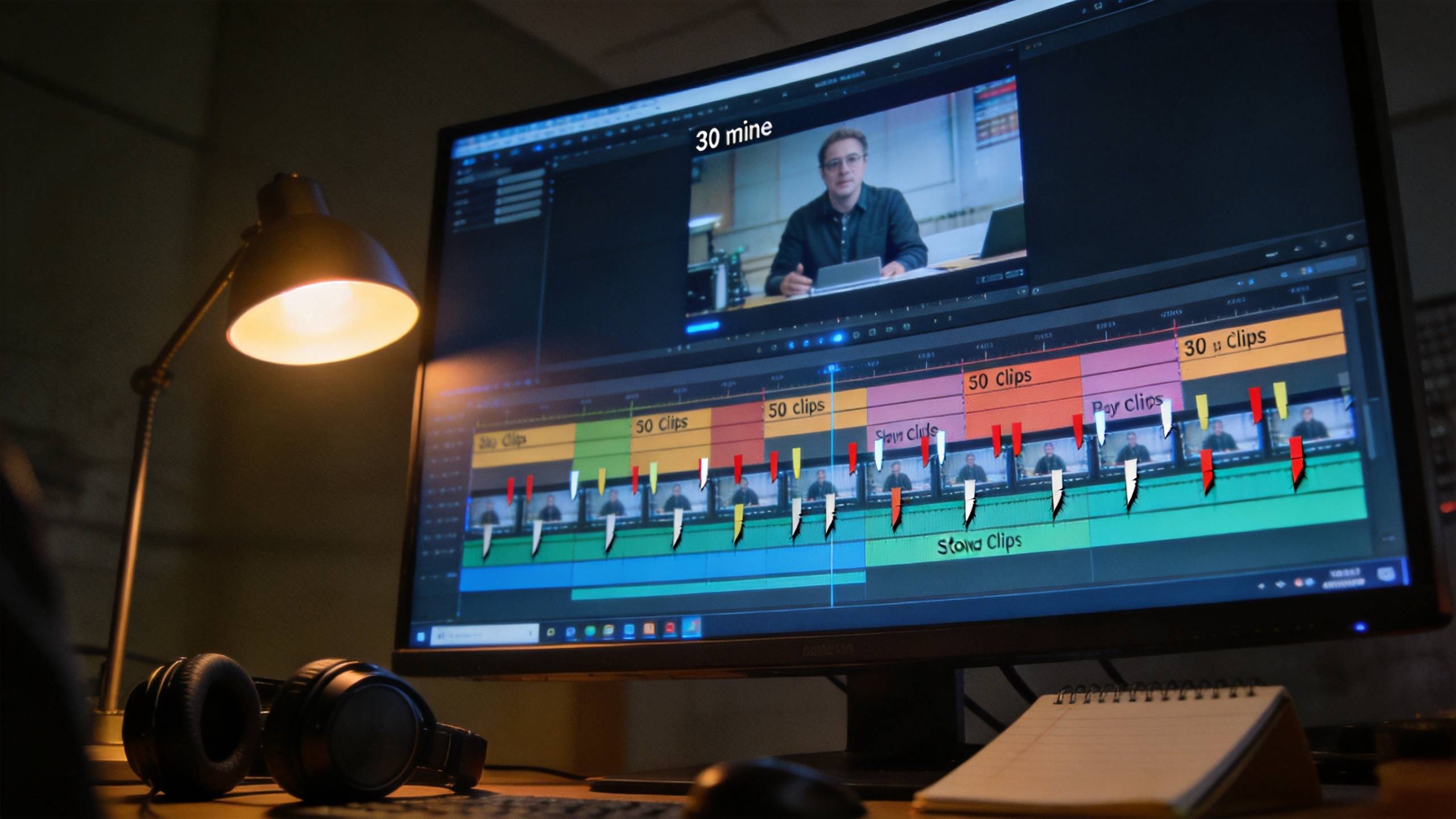 Video editor on a monitor shows a 30-minute tutorial cut into multiple short clips