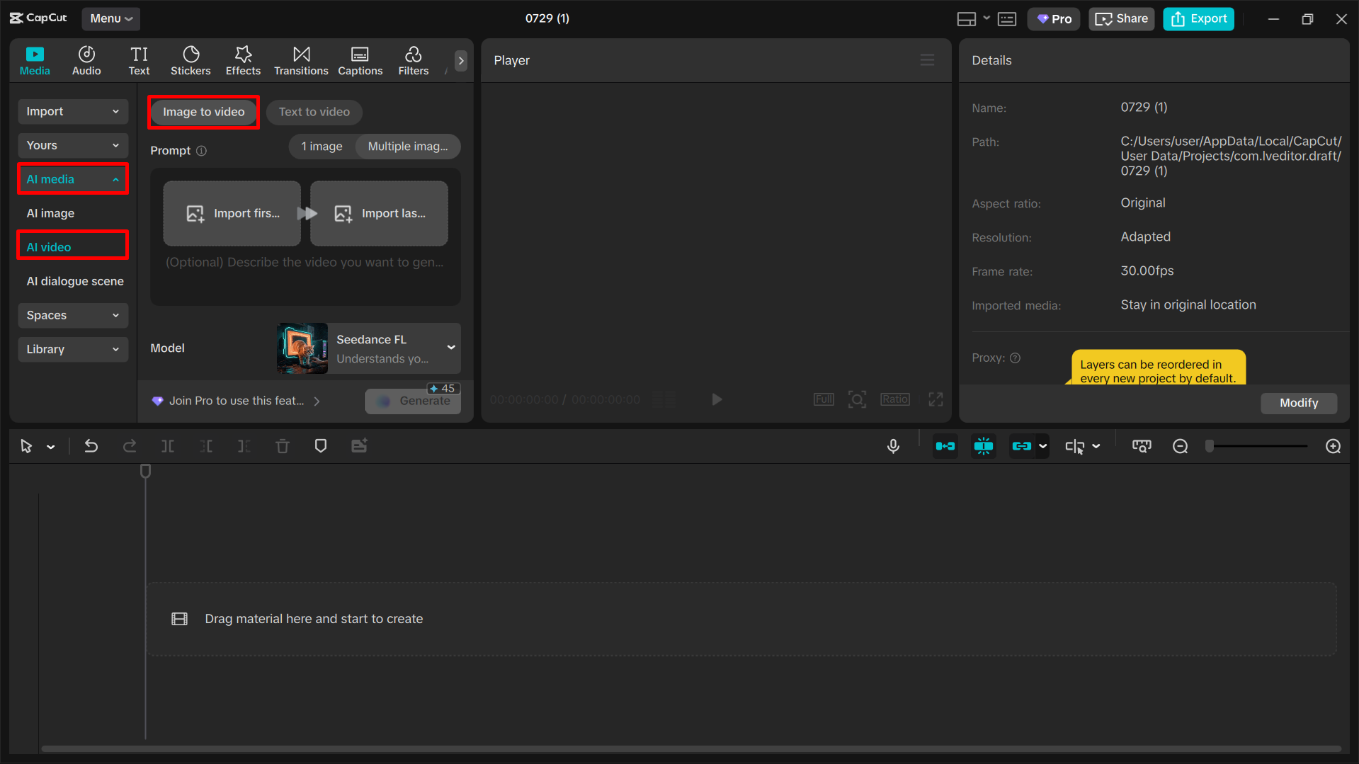 Uploading an image in CapCut