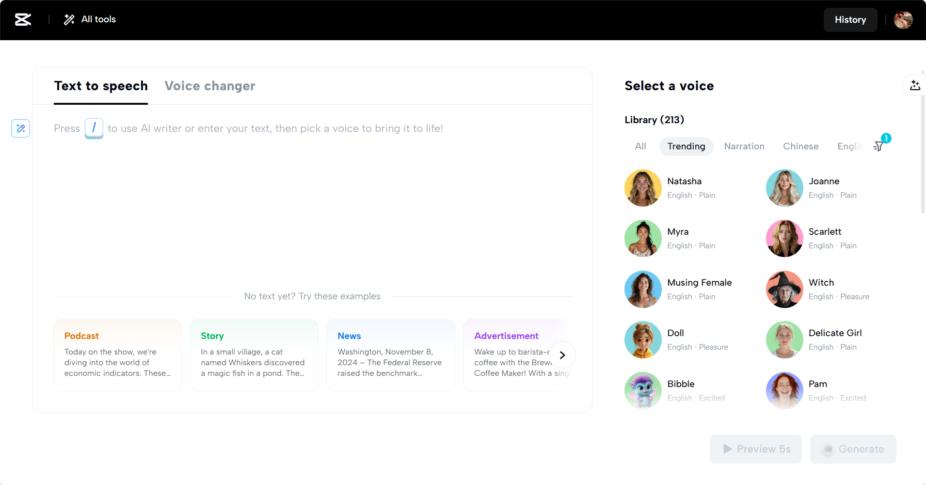 TikTok female voice generator ng CapCut Web