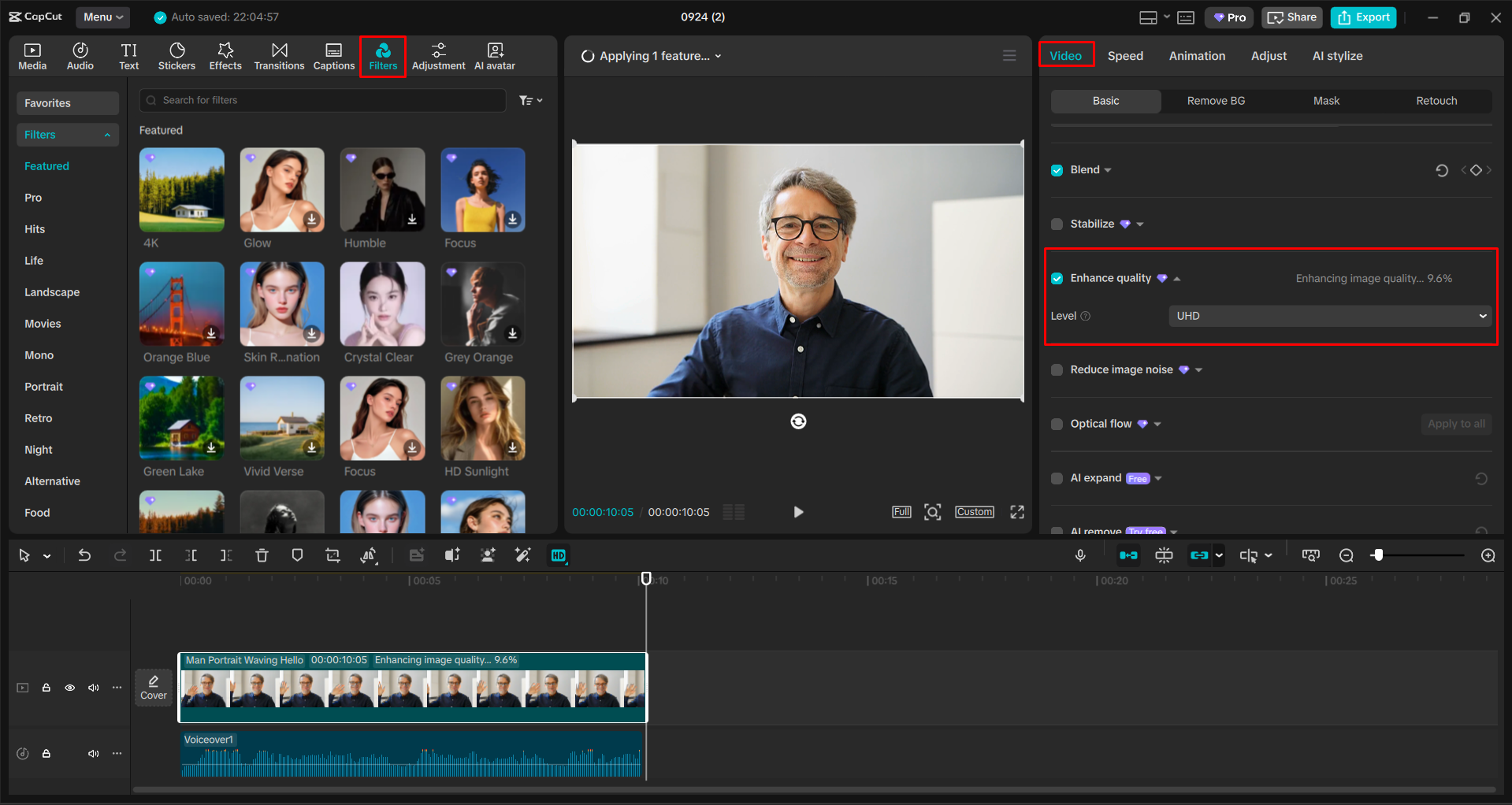 Upscaling the video in the CapCut desktop video editor