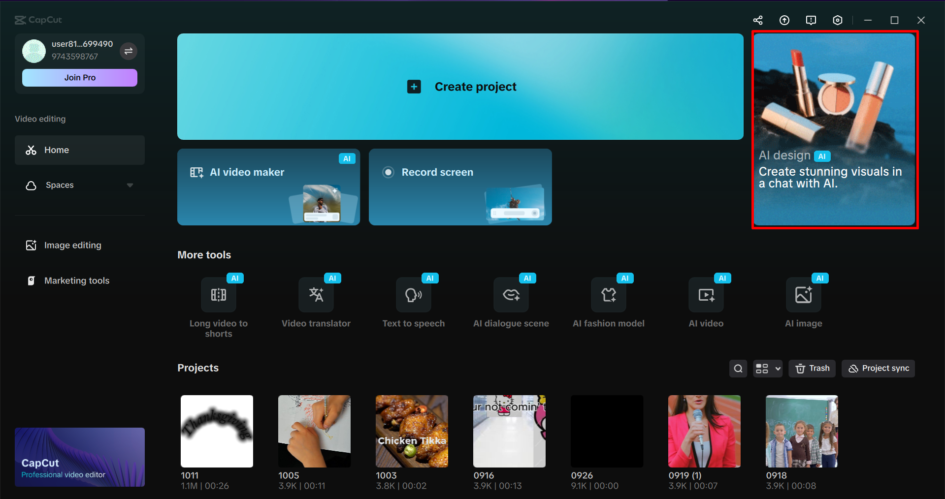 Accessing AI design agent in the CapCut desktop video editor