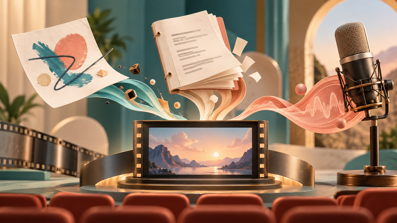 Paper, a script booklet and a microphone beside a cinema screen