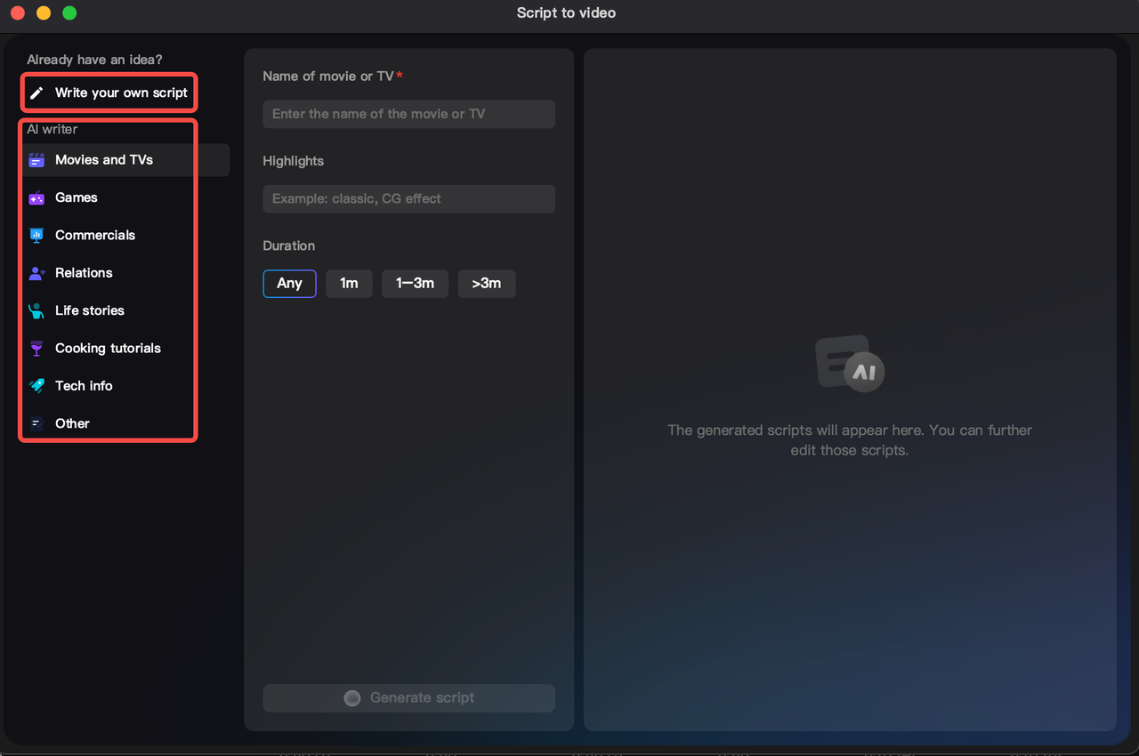  Generate a script using the CapCut PC AI marketing automation tool