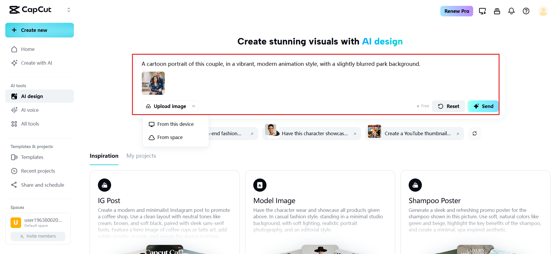Import photo, write prompt and generate