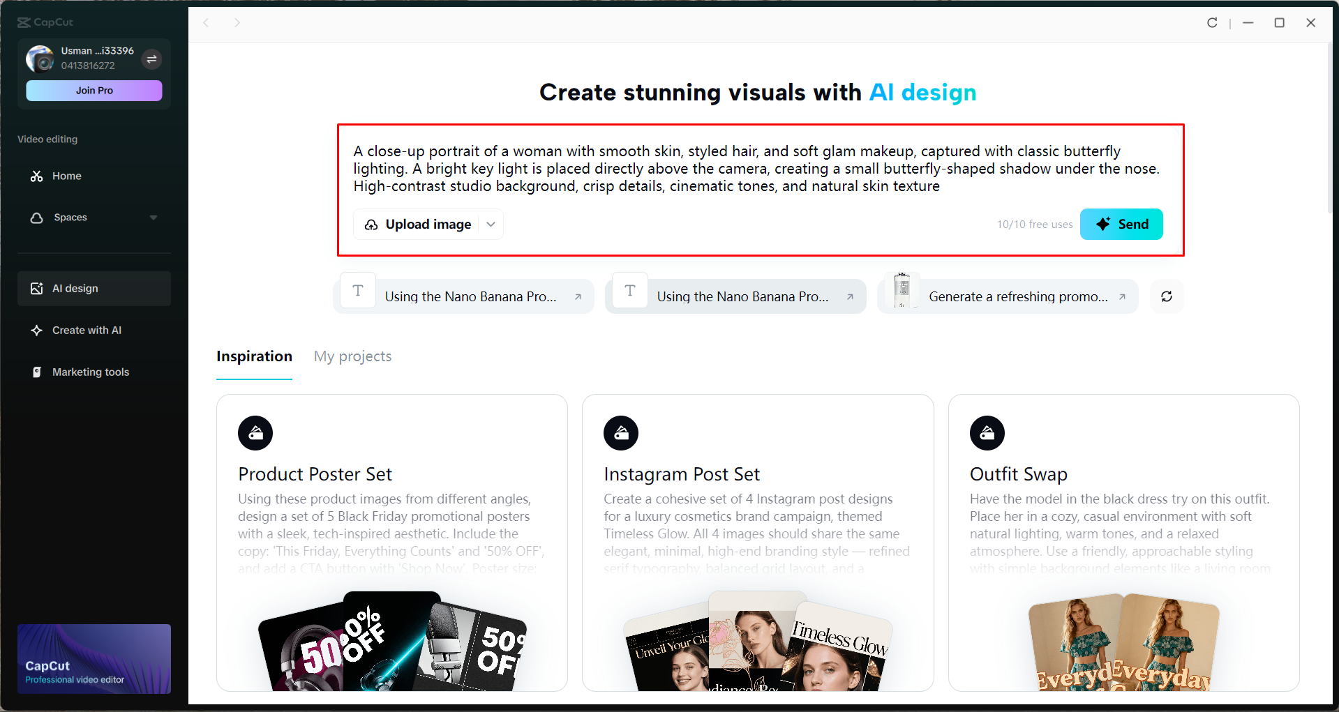Accessing the AI design tool in the CapCut desktop video editor
