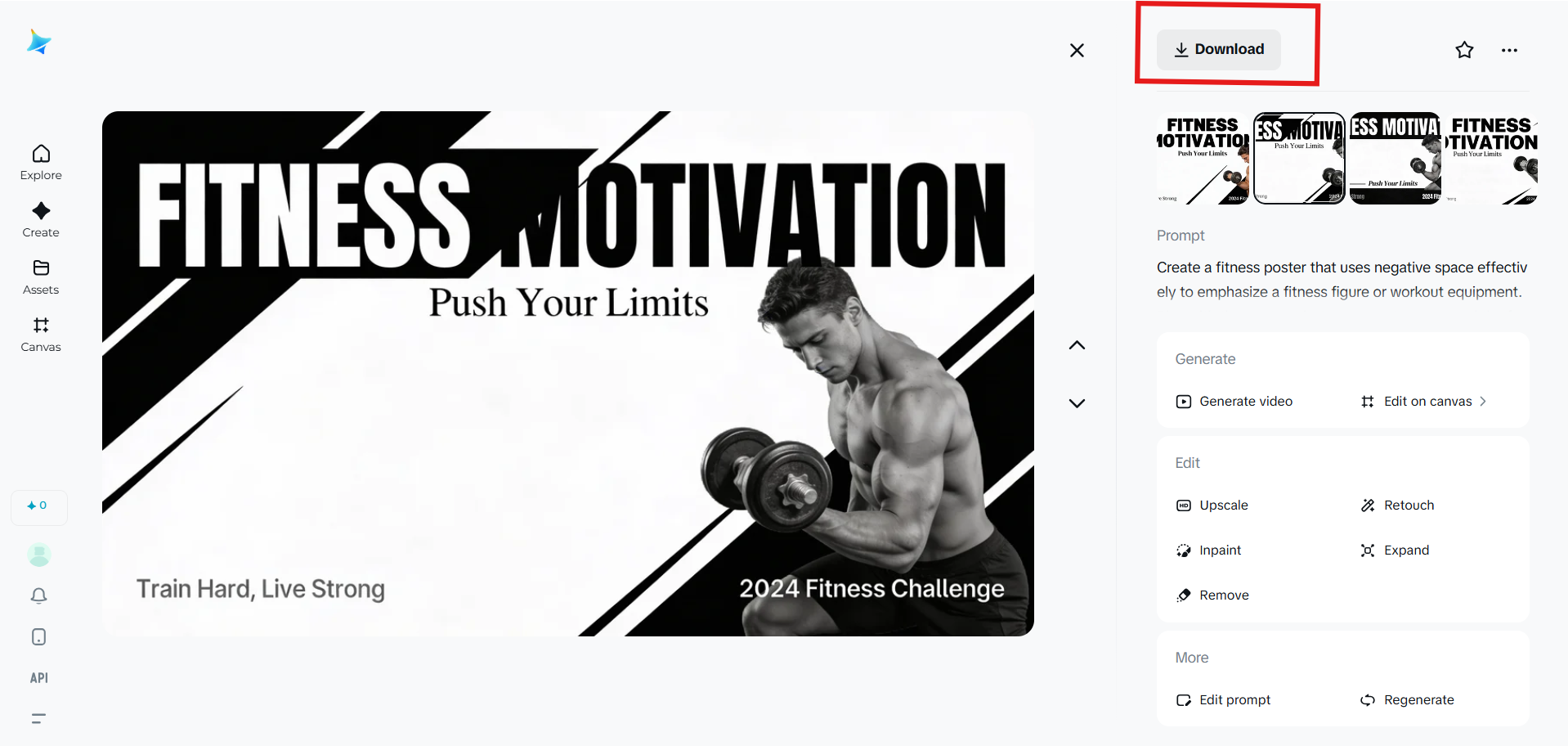 Downloading a high-resolution fitness poster from Dreamina
