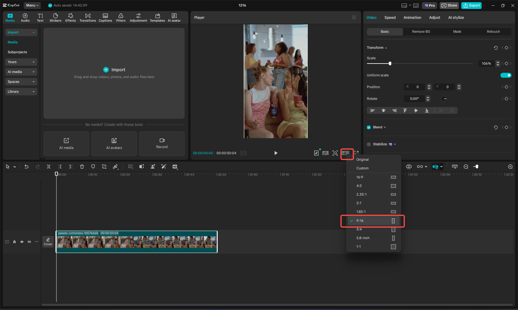 Change the aspect ratio to 9:16