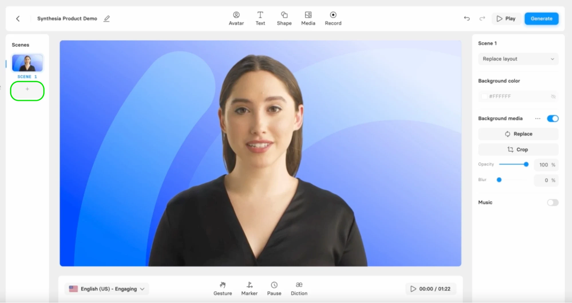 Interface of Synthesia - the most efficient AI audio to video generator