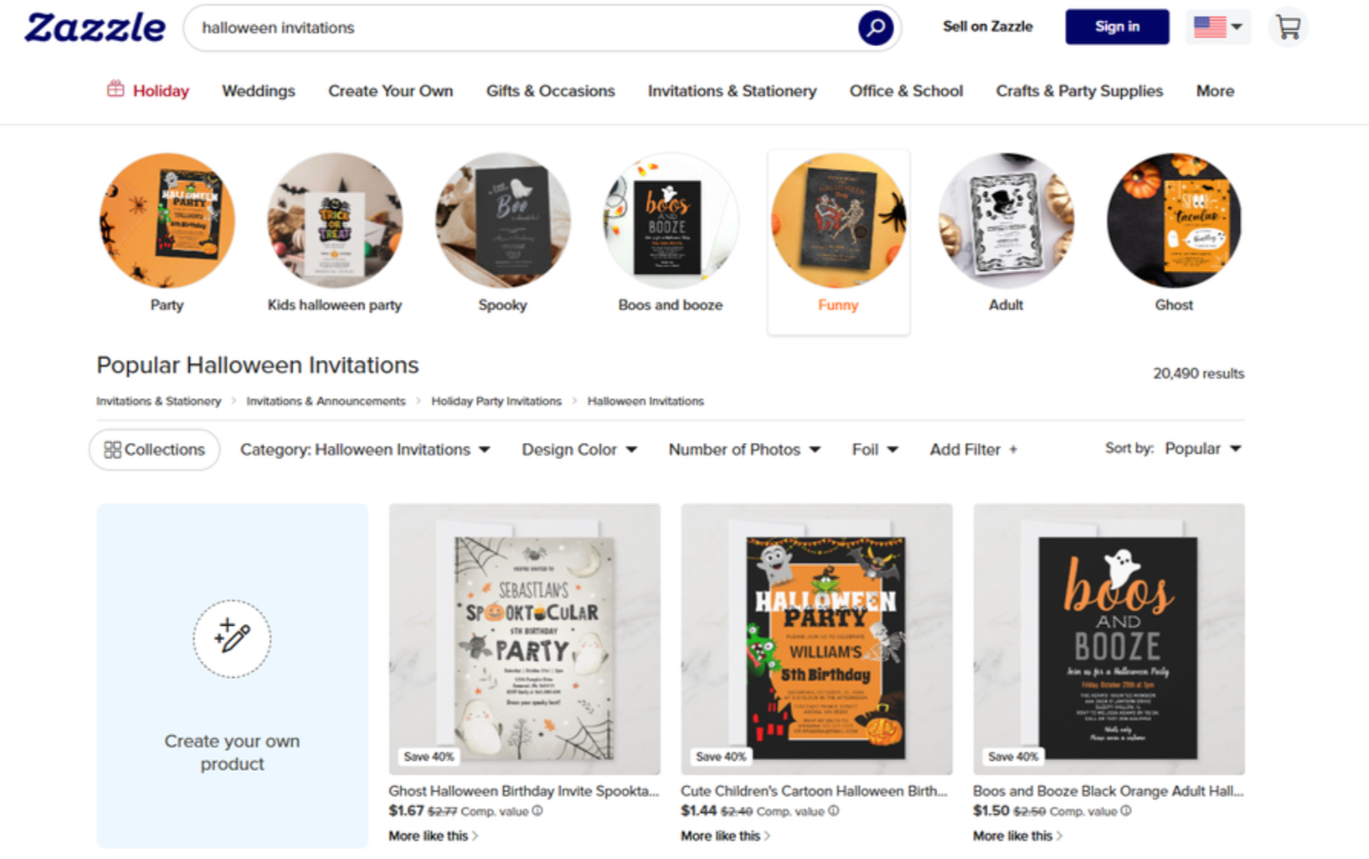 Interface of Zazzle - a versatile place to find Halloween invitation template