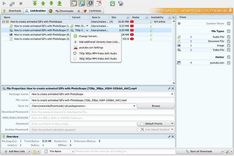 Antara muka JDownloader - pemuat turun seluar pendek Instagram yang paling disukai