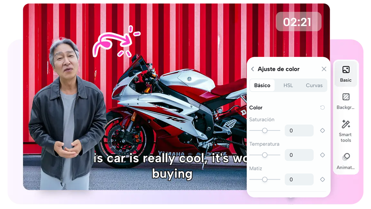 En la zona de edición puedes añadir personajes virtuales y lograr un nivel profesional ajustando el color y los efectos de sonido del video.