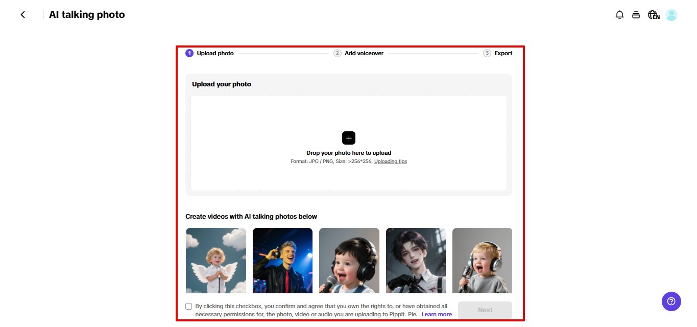 Talking photo tool in Pippit