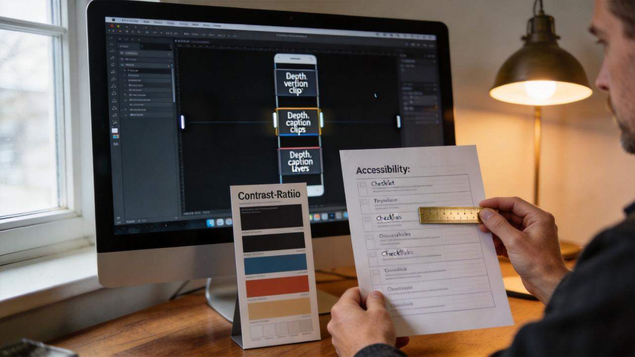 Designer measuring an accessibility checklist beside a monitor showing stacked depth-based text layers