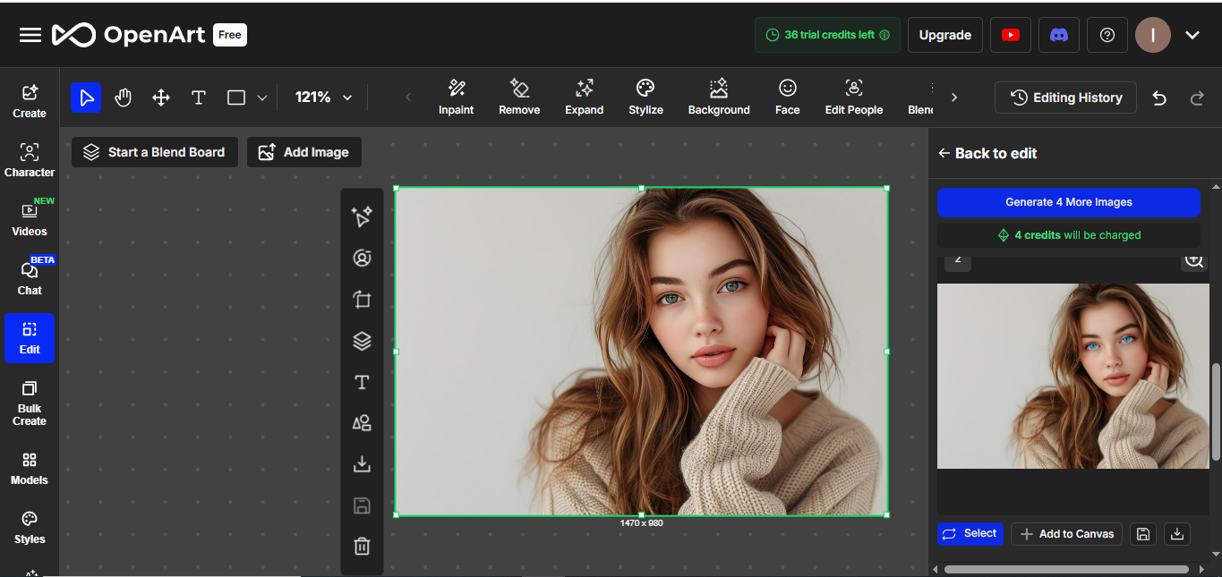 Schnittstelle von OpenArt - dem bekannten Augenfarben-Fotoeditor