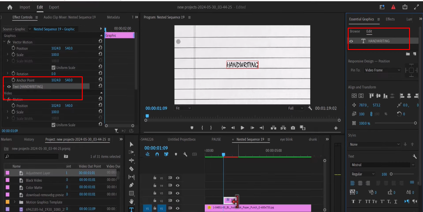 Добавление нового текстового слоя для создания эффекта рукописного ввода в Premiere Pro