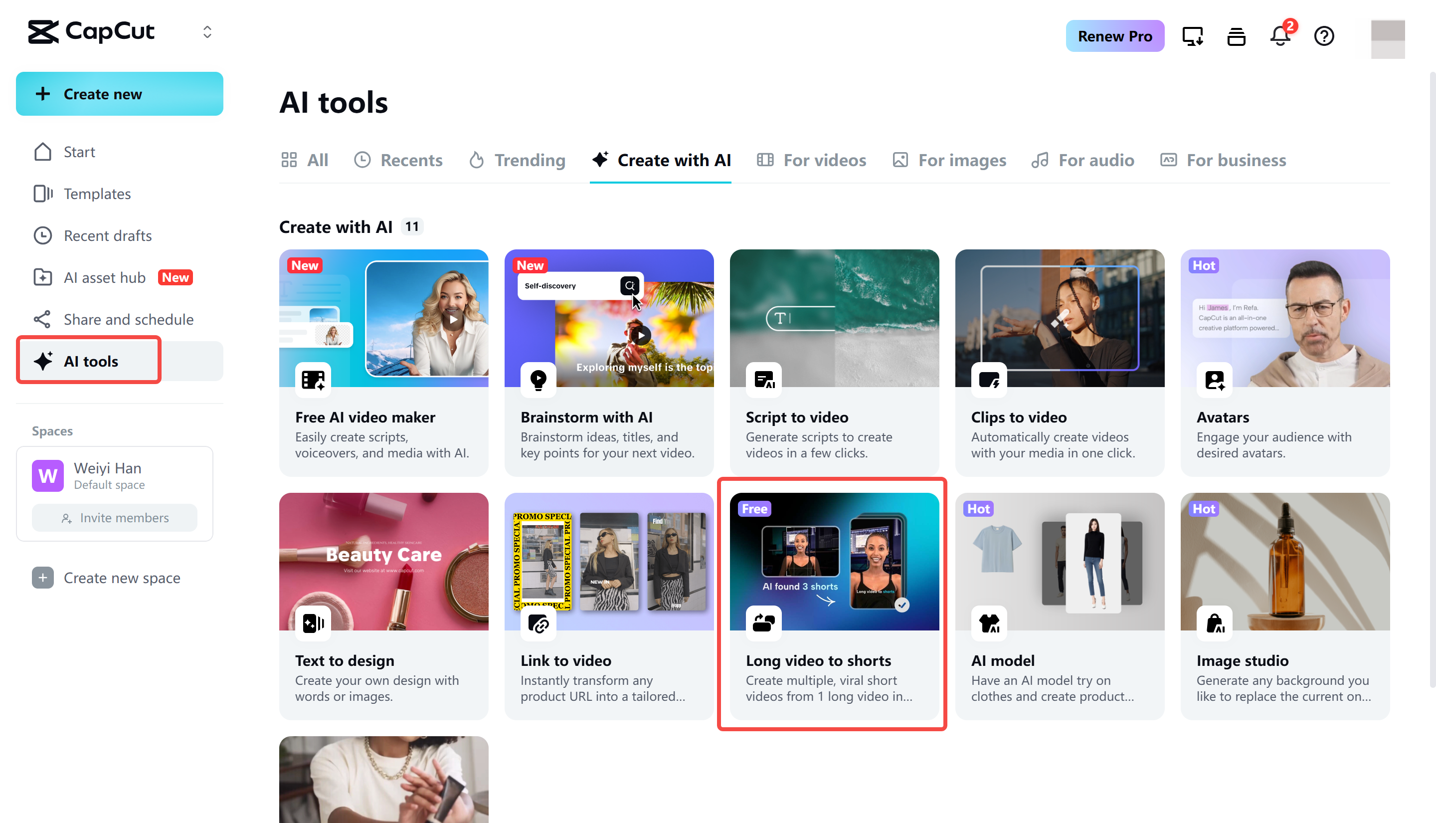 Aufrufen des Tools „Langes Video zu Shorts” in CapCut Web