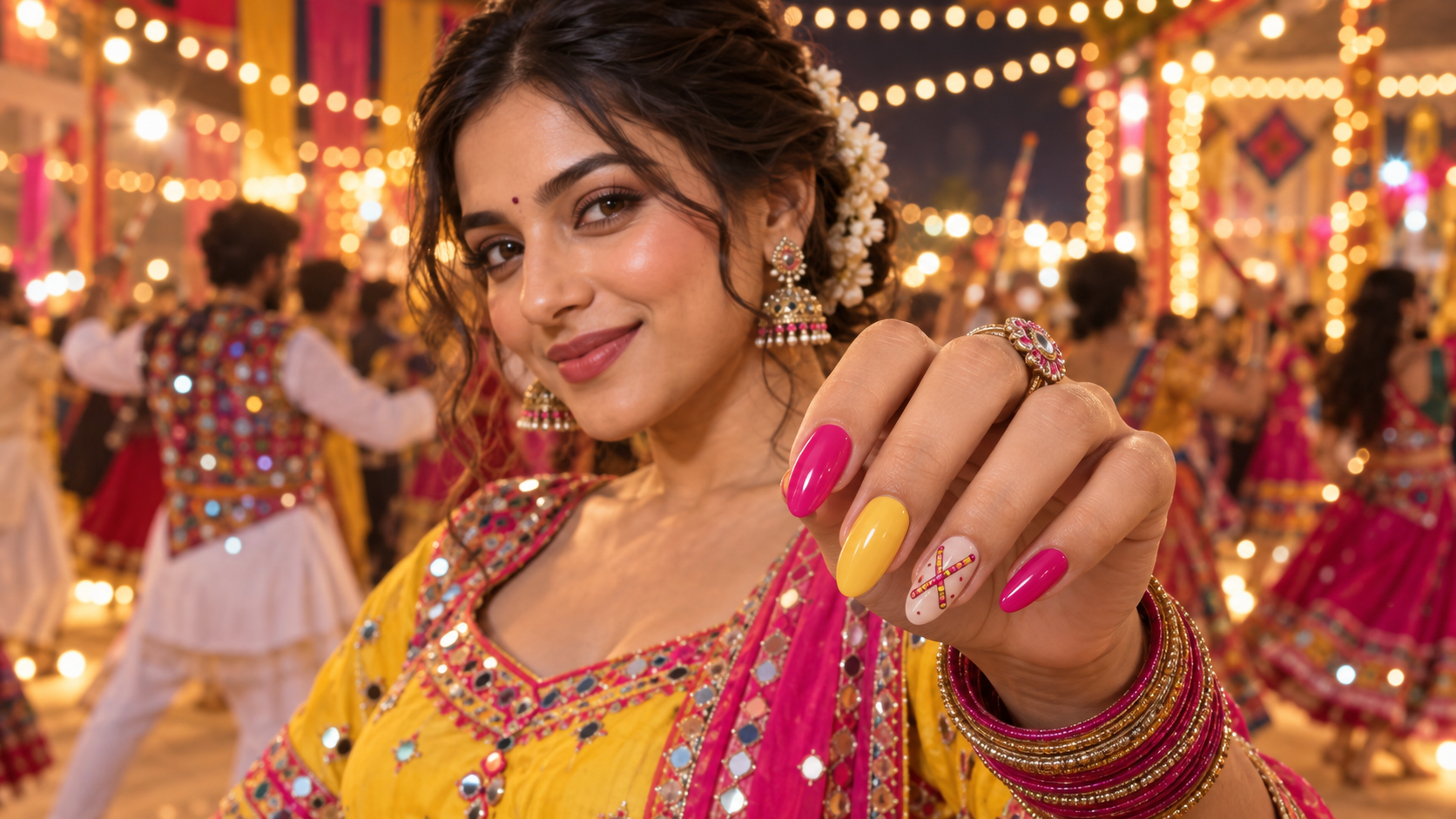 Studio Nail Detail example for navratri dandiya nails transformation ai video editing